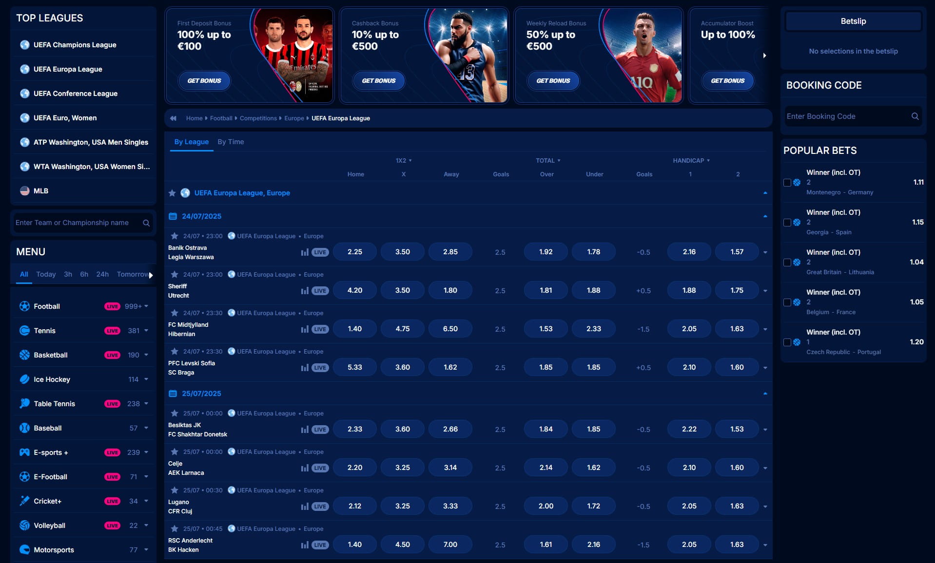 Live Betting Platform interface of Boomerang Bet
