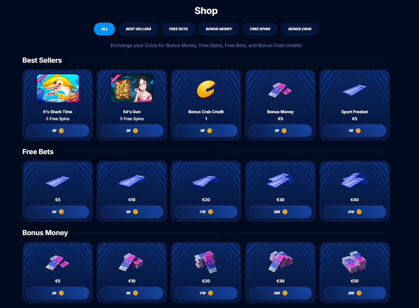 Screenshot of the Boomerang Bet Bonus Shop